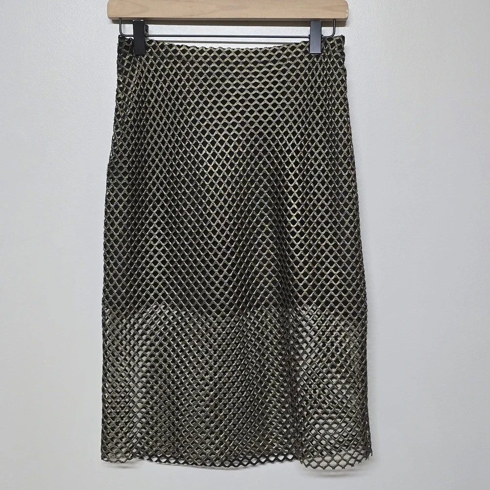 Alexis Larissa Lace Pencil Skirt Gold‎ Metallic Mesh Black Lined Size Small NWT